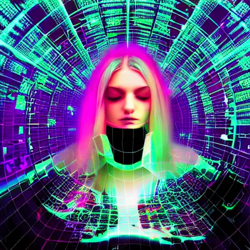 Image similar to glitchcore glitchart cyberdream neuropunk young woman dreaming in vr, glitches, digital, hologram