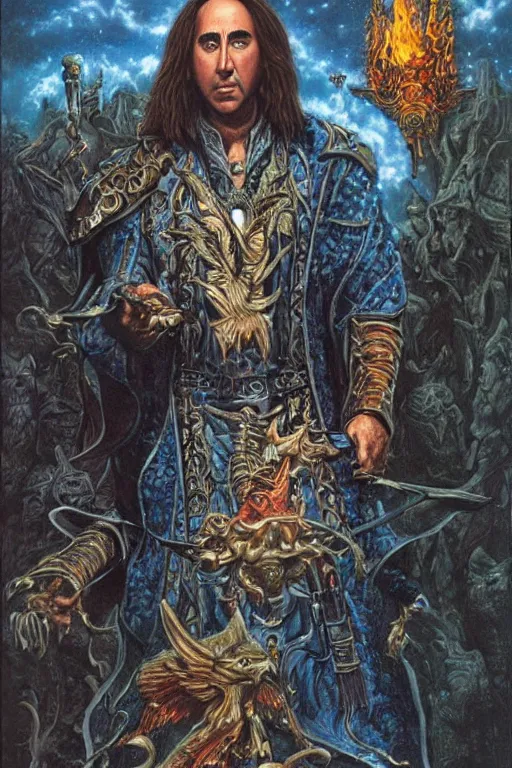 Prompt: Nicolas Cage as wizard, fantasy, intricate, highly detailed, illustration by ken kelly