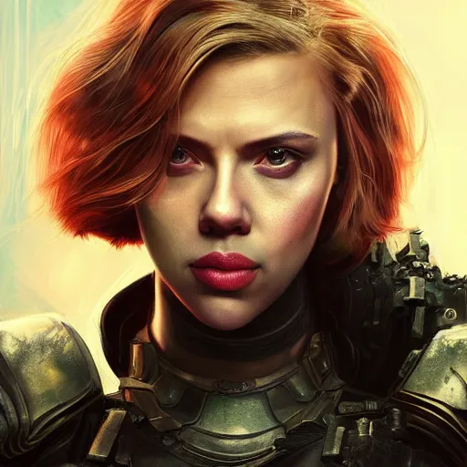 Image similar to scarlett johansson portrait, dystopia core, apocalyptic, armor, warrior, dramatic, sharp focus, fiction, neon, fantasy, hyper detailed, digital art, trending in artstation, cinematic lighting, studio quality, smooth render, unreal engine 5 rendered, octane rendered, art style and nixeu and wlop and krenz cushart