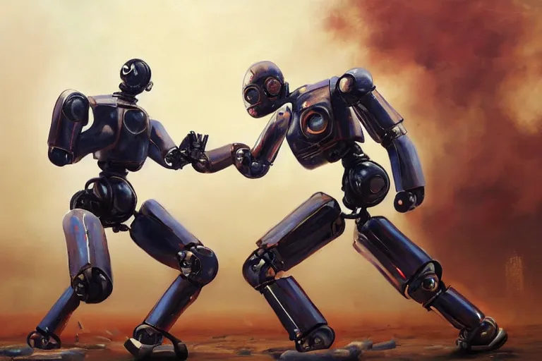 Image similar to oil painting of a robot fighting a human!!! artist, highly detailed, 4k, trending on artstation, realistic human!!!!