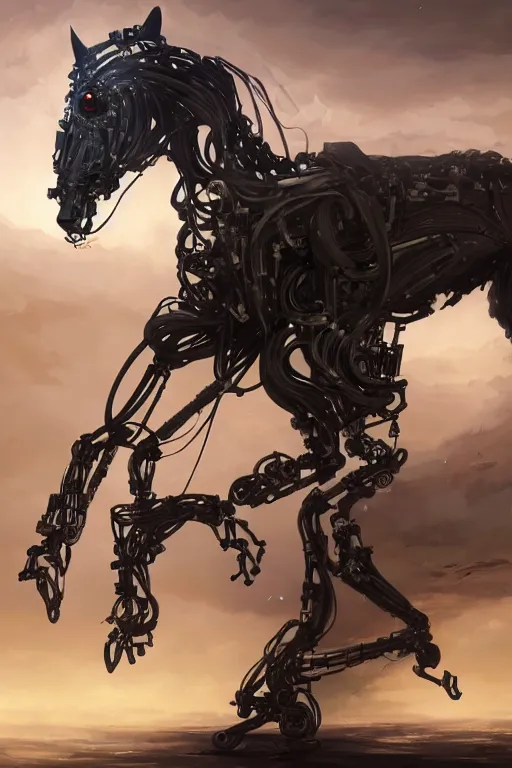 Image similar to 3 quarter view photography portrait of a biomechanical stalion horse illustrated by greg rutkowski and Akira Saito and Peter mohrbacher, boston dynamics, 4k,