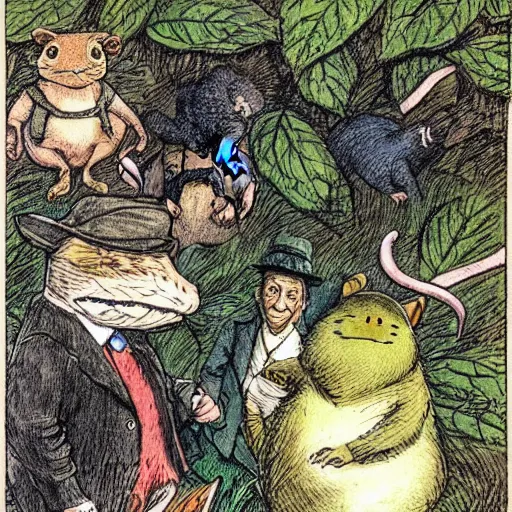 Prompt: colored illustration for the book wind in the willows, with toad welcominging his friends mole, water rat, and badger to toad hall, in style of sir john tenniel