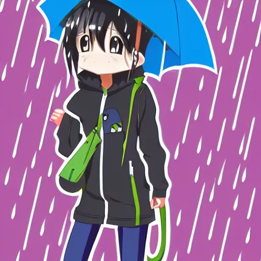 Image similar to a cute anime cyborg - girl wearing a cat hoodie walking in the rain