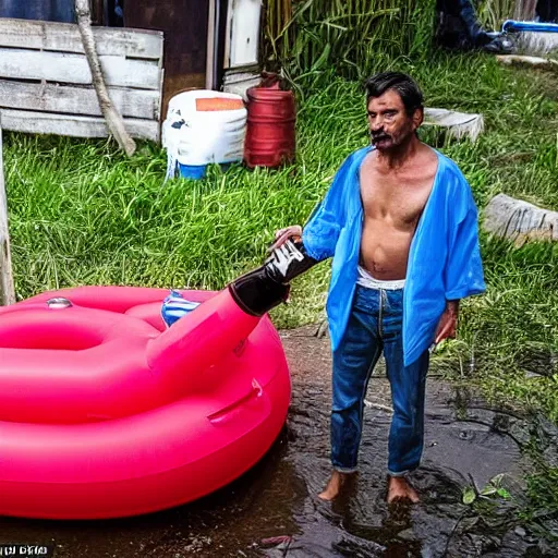 Image similar to man standing next to his inflatable quecha, drinking a canned beer, it is raining and he has no shelter so he gets soaked