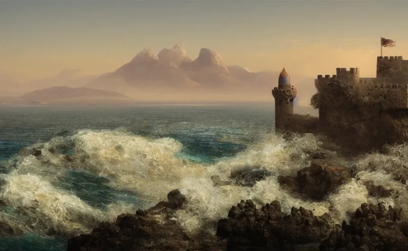 Image similar to view of the ocean, large waves, small castle in the distance, close up shot, rocky, at dusk, distant extereme mountains, 4k, rule of thirds, extreme detail, hazy, intricate ink illustration, surreal, surrealist, trending on artstation, cgsociety, hd, complimentary colours, realistic lighting, by Albert Bierstadt, Frederic Edwin Church.