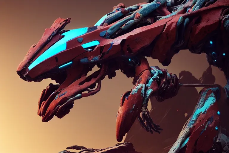 Image similar to portrait of a posed hyper detailed complex, plowhorn evangelion realistic mechanical and fleshy organic creature similar look as horizon forbidden west horizon zero dawn bioluminiscence in a dark deep forest at dawn in spring, with reflection and textures, by kilian eng, substance painter reaslitic mech surface metal painted scratches