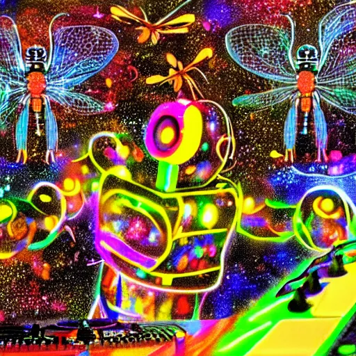 Prompt: A hd paint of a robot Dj playing his mixer in a rave with a lot of dragonflies around him. Epic art, masterpiece, neon dragonfly, lights