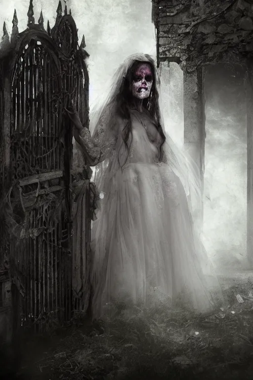 Prompt: a zombie bride with flowing dress and veil at the gate of a decrepit house, night, mist, smoke, scary, spooky, dramatic lighting, moody, style of stephen jones, bernie wrightson, octane render