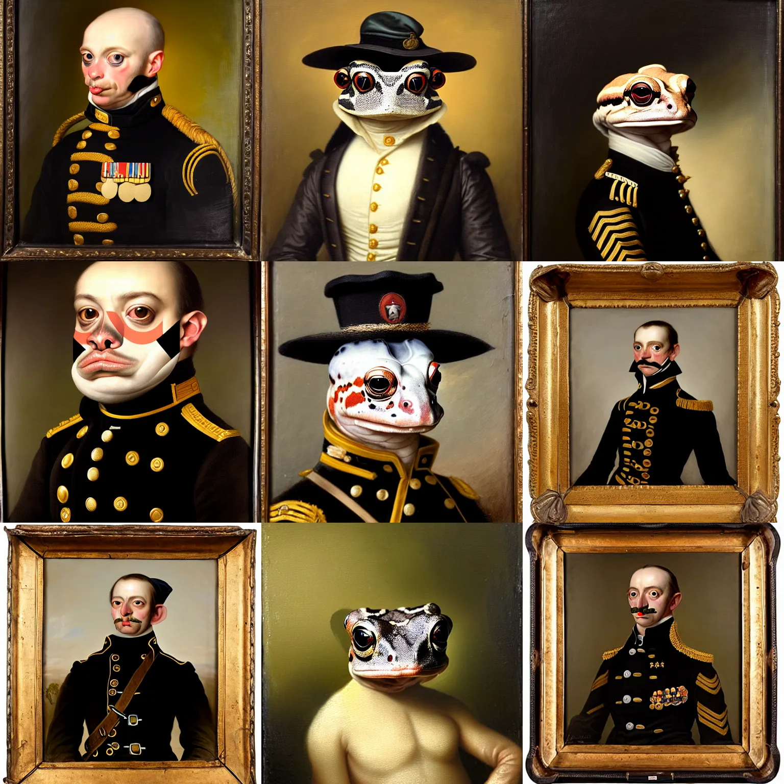 Prompt: a head - and - shoulders portrait of an amazon milk frog wearing a black colonial military uniform, an american romanticism painting, oil on canvas, cgsociety, soft focus