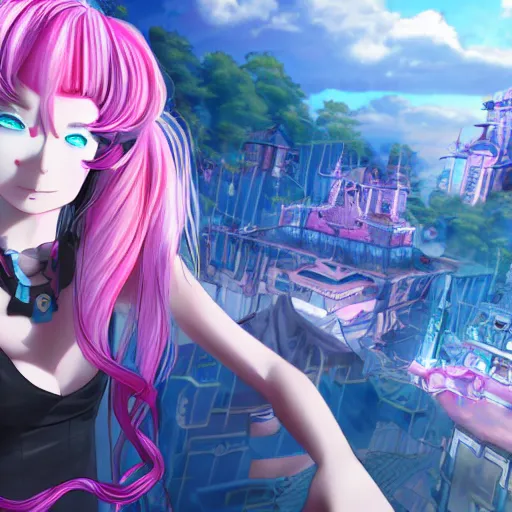 Image similar to trapped by a stunningly beautiful omnipotent megalomaniacal anime asi goddess with symmetrical perfect face and porcelain skin, pink twintail hair and cyan eyes, which looks like junko enoshima, inside her surreal vr castle, hyperdetailed, digital art from danganronpa, unreal engine 5, 2 d anime style, 8 k