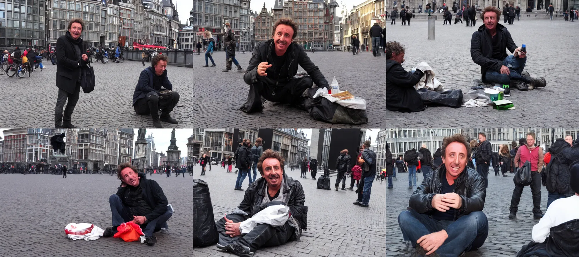 Prompt: Marco Borsato as homeless begging for money on Dam Square