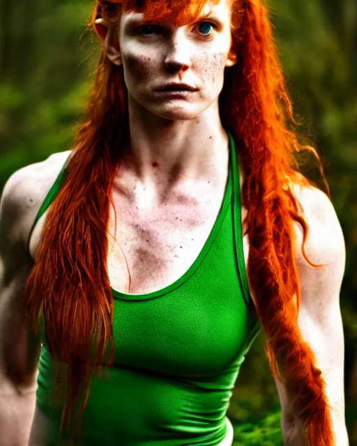 Prompt: muscular female druid, perfect face, thin antlers, green halter top, ginger hair, abs, cinematic, freckles, stunning, athletic, strong, agile, highly detailed, smooth, hard focus