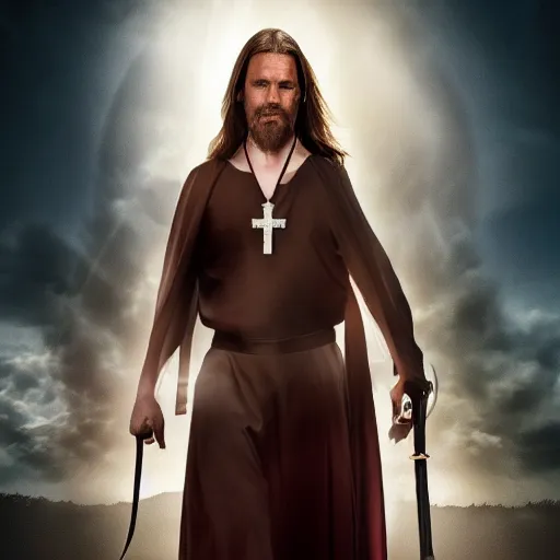 Prompt: long-nippled action movie hero wearing dressed in priest's robes with a cross necklace. movie poster. 4k. Long flowing hair.