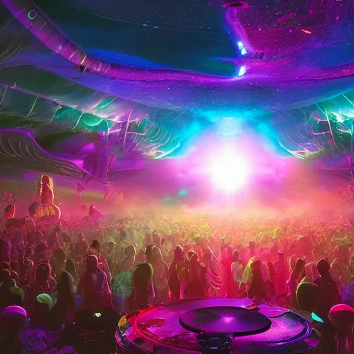 Image similar to a cosmic rave party in the end of the world, high detail beautiful matte painting, ultrarealistic, octane render, cosmic psychedelic art