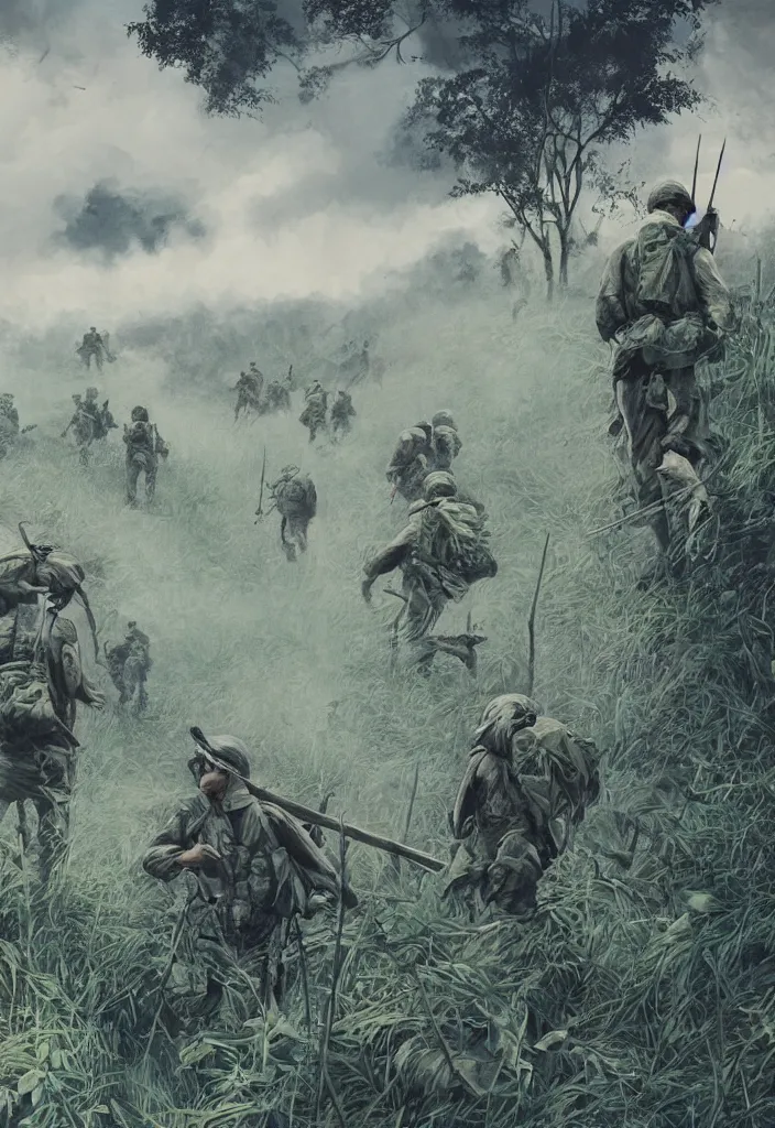 Prompt: handmade illustration of an epic Vietnam war scene with a very few american soldiers walking into the jungle, some smoke and fire, blue sky with dramatic clouds, one helicopter, line art, ballpoint, oil on canvas by Kilian Eng and by Jake Parker, heavy brushstrokes, winning-award masterpiece, fantastic, octane render, 8K HD Resolution, High quality image