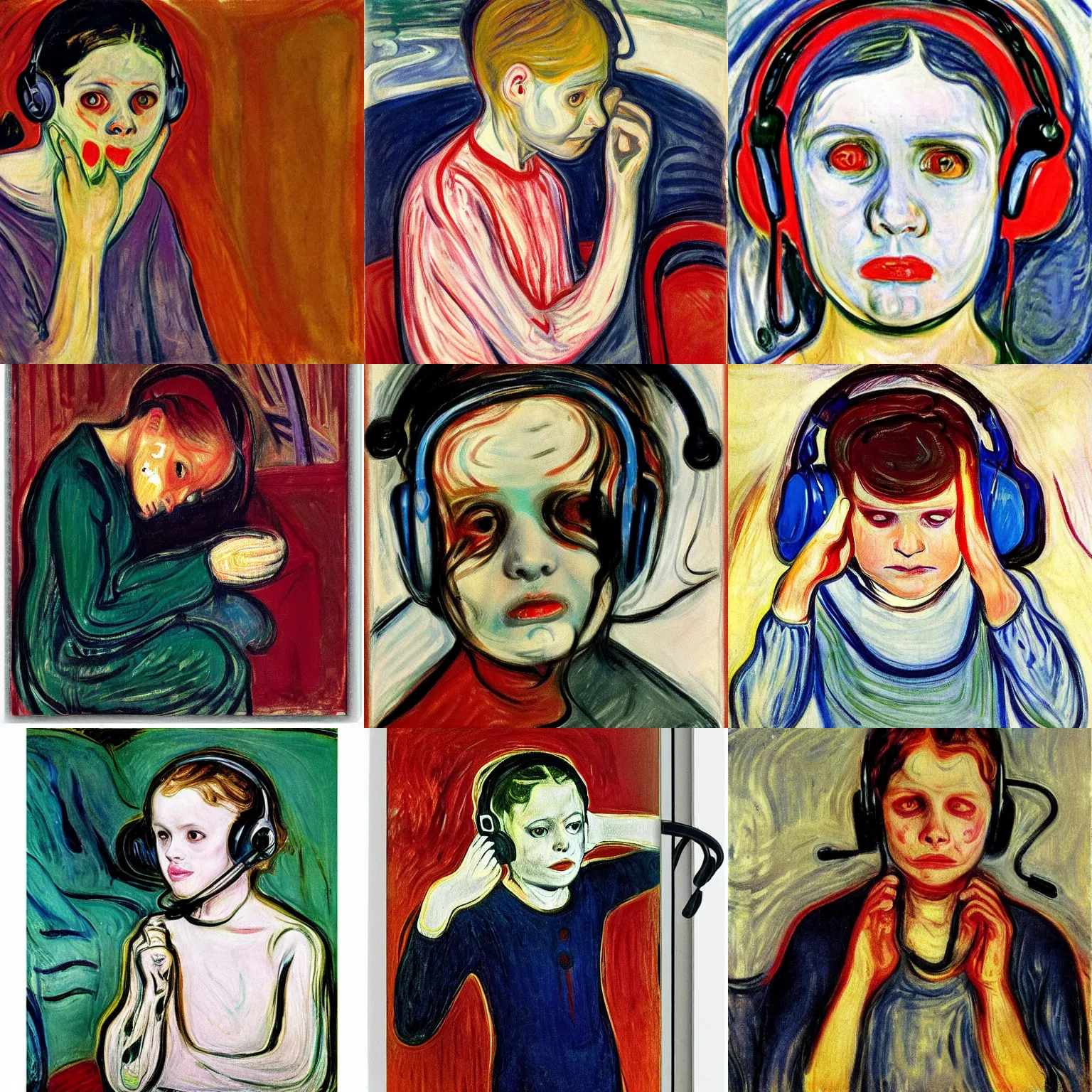 Prompt: The sick child by edvard munch wearing skullcandy headphones