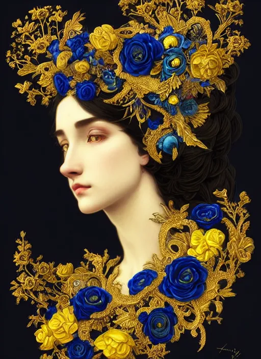 Image similar to beautiful black blue yellow, complicated gold and blue flowers in baroque style headwears, dark fantasy, intricate, elegant, highly detailed, digital painting, artstation, concept art, matte, 3 d 8 k octane rendered, sharp focus, illustration, octane rendered, art by artgerm and alphonse mucha, leesha hannigan