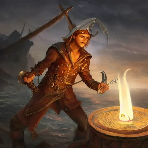 Prompt: concept art of a smart swashbuckler holding a candle holder discovering a sunken city, glasses, wearing a cape highly detailed, digital art, illustration, artstation, very detailed, 4 k