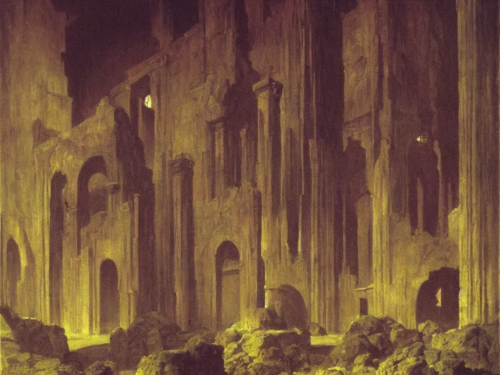 Image similar to gothic deserted temple in the impossible light psychedelia. dark, looming shadows. painting by cappiello leonett, arnold bocklin, wayne barlowe, agnes pelton, rene magritte