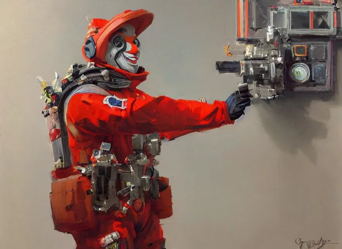 Image similar to a highly detailed beautiful portrait of a clown in full red tactical gear on a space station, by gregory manchess, james gurney, james jean