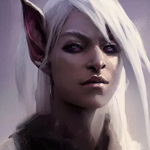 Prompt: closeup portrait of a drow elf, dungeons and dragons character, castle background, gorgeous view, realistic, high detail, digital art, painted by greg rutkowski, painted by jeremy mann, trending on artstation