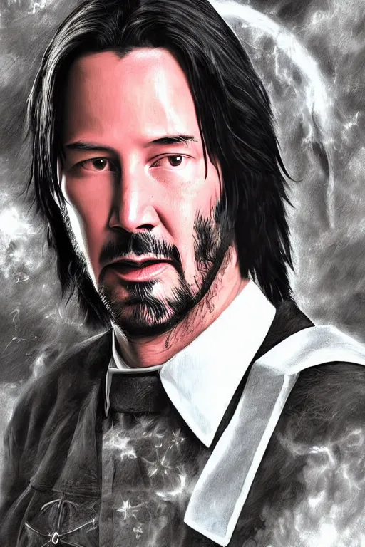 Prompt: keanu reeves as mage in uniform | digital painting | highly detailed | fantasy