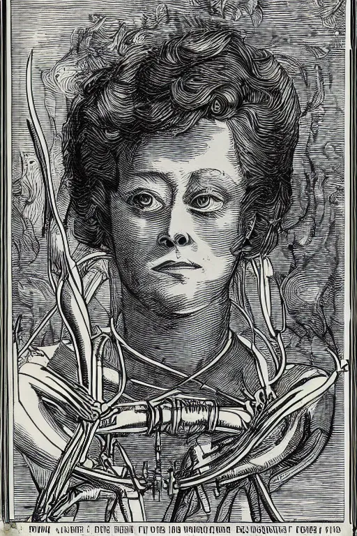 Prompt: 19th century wood-engraving of Sigourney Weaver, whole page illustration from Jules Verne book titled Alien, art by Édouard Riou Jules Férat and Henri de Montaut, frontal portrait, high quality, very beautiful, highly detailed, removed watermarks