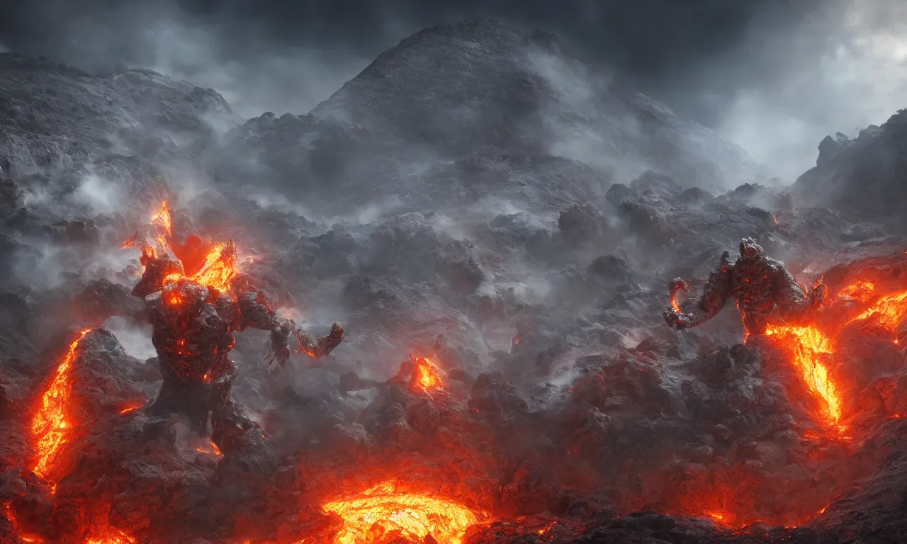 Prompt: a fire golem emerging from the crater of a volcano surrounded by the police and the army, dramatic effects, epic composition, large scale, octane render, digital art, sharp focus, 8k trending on artstation, action pose