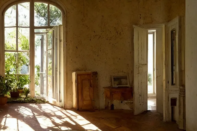 Prompt: interior of old house, beautiful design, sunlight entering through doors to the garden