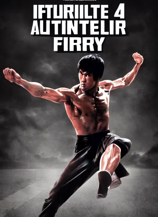 Image similar to Film poster Bruce lee fights VS terminator, full body, detailed and realistic, 4k, filmic render