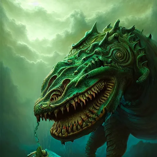 Prompt: a stunning detailed 3d matte portrait of a bulette with green plated carapace, male, standing in a maelstrom, by ellen jewett, by tomasz alen kopera, by Justin Gerard, ominous, magical realism, texture, gills, intricate, whirling smoke, alchemist bottles, radiant colors, fantasy, dungeons and dragons, dnd, volumetric lighting, high details