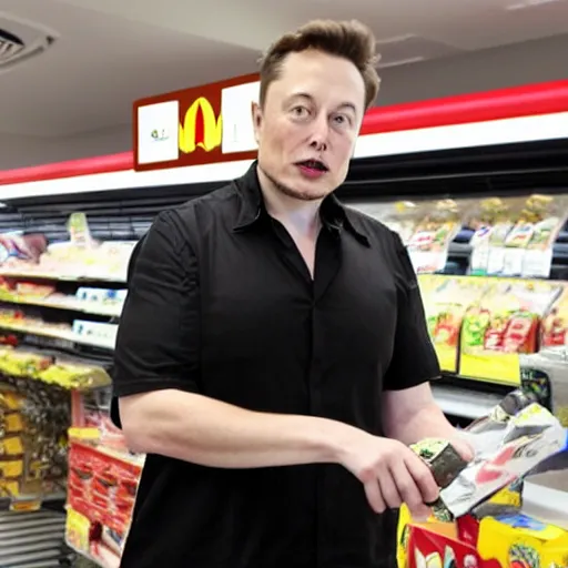 Prompt: elon musk behind the checkout at mcdonald's