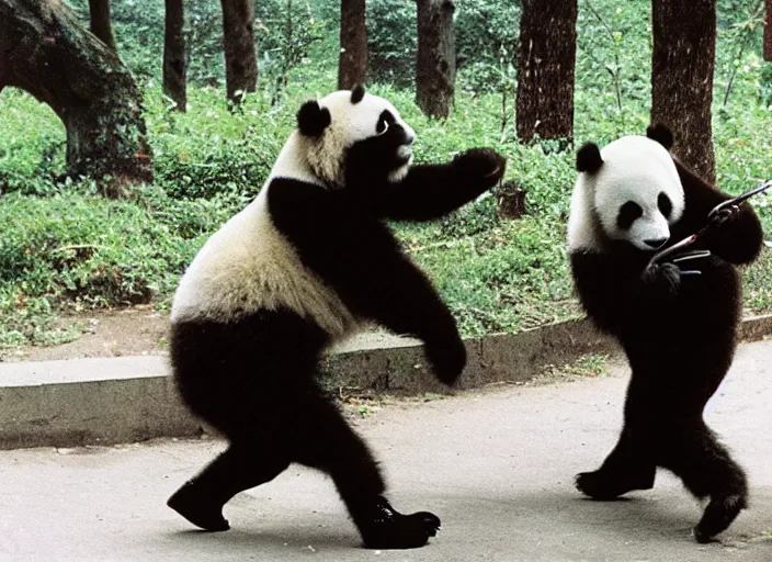 Prompt: 90's Professional Color Photography, Nikon, A panda fights with a policeman in the park with his bare hands., Summer