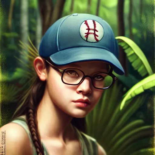 Prompt: portrait of cute young girl, wearing baseball cap, glasses, lonely, jungle clothing, survivor, jungle setting, bokeh, sharp focus, character art, illustration, digital art, by artgerm, greg rutkowski.