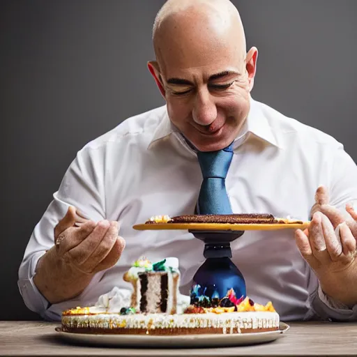 Image similar to Obese Jeff Bezos eating cake, XF IQ4, 150MP, 50mm, F1.4, ISO 200, 1/160s, natural light