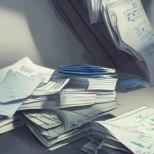 Image similar to stack of paperwork, overflowing papers, paper everywhere, concept art, colored sketch, artstation award, detailed