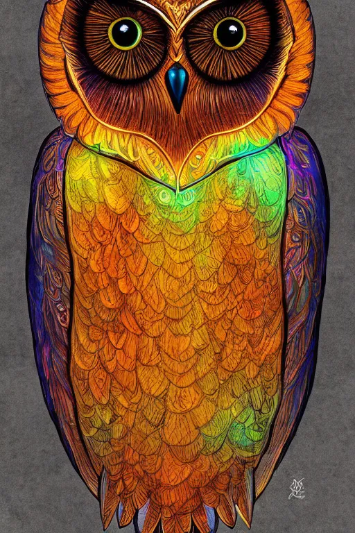 Prompt: glowing owl, amber, beautiful colours, highly detailed, digital art, sharp focus, trending on art station