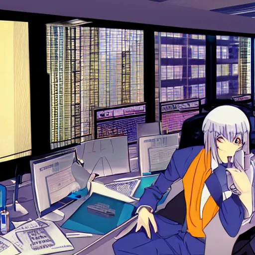 Image similar to wallstreet office with brokers running between the bloomberg terminals, visual novel cg, commodore 6 4, 8 0 s anime vibe, vaporwave nostalgia, tsukihime, muv - luv, baldr sky, kimagure orange road, maison ikkoku, city hunter, great teacher onizuka