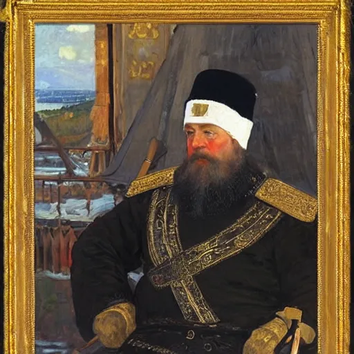 Prompt: portrait of medieval russian tsar in Cap of Monomakh sitting and watching smartphone masterpiece painting by vasnetsov and surikov serov, JEAN-VICTOR BERTIN, by Terence Cuneo, detailed, artfully traced, 4k resolution, cinematic, dramatic