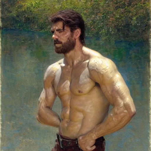 Image similar to man by the river, muscular, detailed face, correct face, painting by Gaston Bussiere, Craig Mullins