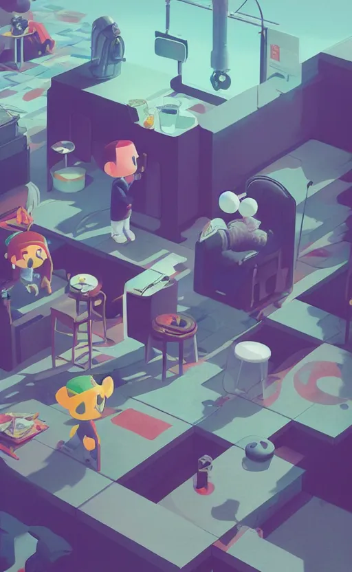 Image similar to animal crossing, surreal illustration, by atey ghailan and escher and edward hopper