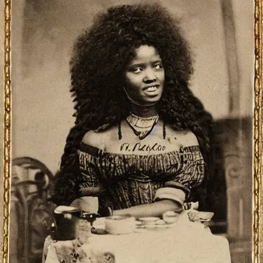 Image similar to afro woman on a cafe in paris, 1 8 0 0 s