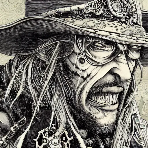 Image similar to portrait closeup of crazy hector barbossa, galleons, symmetrical, hyper detailed, by yoichi hatakenaka, masamune shirow, josan gonzales and dan mumford, ayami kojima, takato yamamoto, barclay shaw, karol bak, yukito kishiro