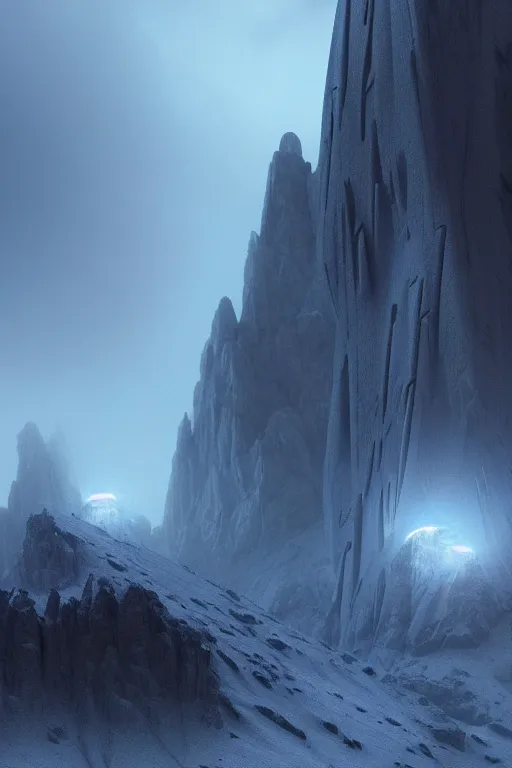 Prompt: futuristic atmosphere in the snowy mountains dolomites 3 d concept art, cinematic lighting, pastel sunset, rule of thirds, depth of field, intricate details, building by zaha hadid, stormy weather, emissary space by arthur haas and bruce pennington and john schoenherr, cinematic matte painting, dark moody monochrome colors, trending on artstation, featured on behance