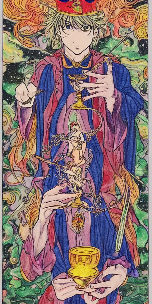 Image similar to a mystical man with a goblet on the table, wizard hat, drawn by Naoko Takeuchi, impressive line work, tarot card. tarot card the magician, psychedelic