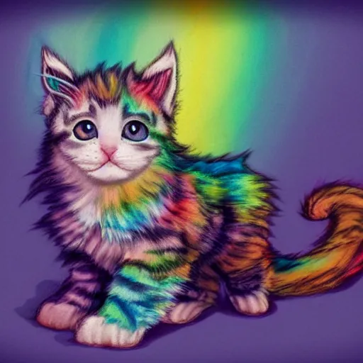 Image similar to wide angle full body, of a fluffy cute rainbow kitten wearing a black leather motorcycle jacket, concept art