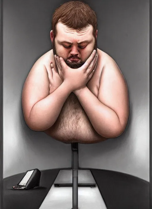 Prompt: insanely detailed chiaroscuro image of a exhausted - looking slightly overweight casually - dressed programmer guy on his knees facing his glowing ultrawide computer monitor monitor begging it for forgiveness, oil on canvas, masterwork, fine detail, trending on artstation, emotive, insanely compelling, ryden, koons, moebius