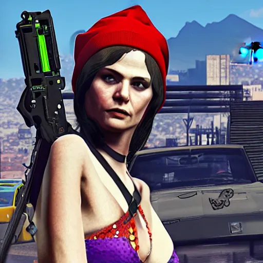 Image similar to eva elfie in gta 5 screensaver, game graphics, highly detailed, anotomically correct