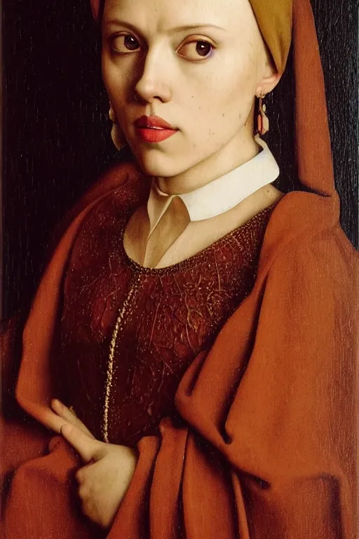 Image similar to portrait of scarlett johansson, oil painting by jan van eyck, by hans holbein, northern renaissance art, old masters, alla prima, realistic, expressive emotions, intricate textures, illusionistic detail, masterpiece