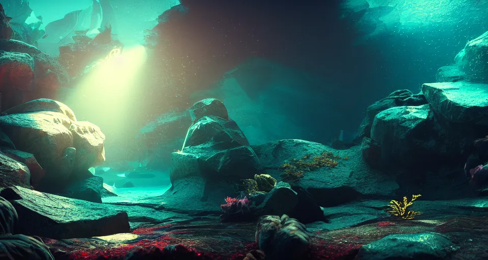 Image similar to underwater, atmospheric, dof, crystal water, wide angle, volumetric dynamic lighting, ethereal, very coherent composition, masterpiece, octane render, god rays, rtx on, trending on cgsociety and artstation